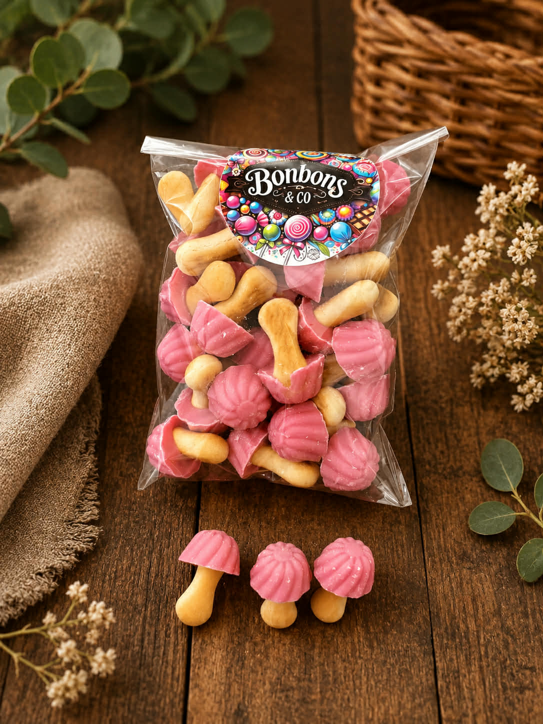 Champignons biscuit chocolat arômatisé fraise 100 grs