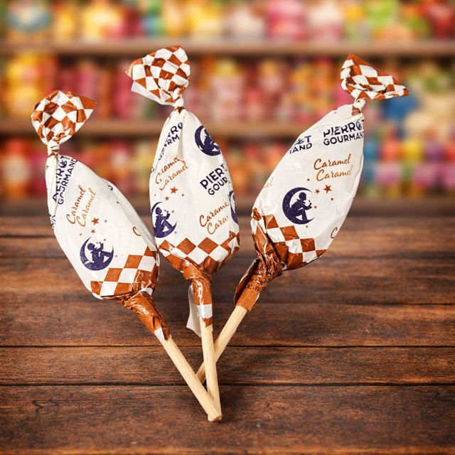 Sucettes Pierrot gourmand caramel à l'unité.
